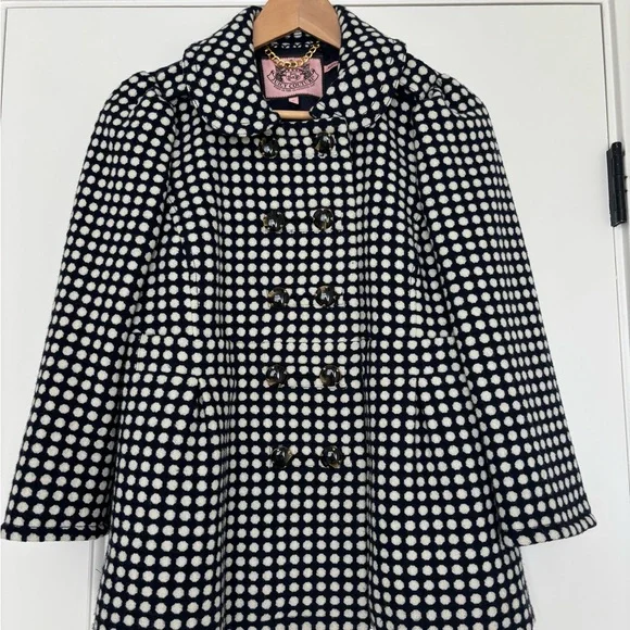 Juicy Couture Y2K Navy Cream Wool Blend Polka Dot Peacoat Cropped Preppy Small - Picture 2 of 10